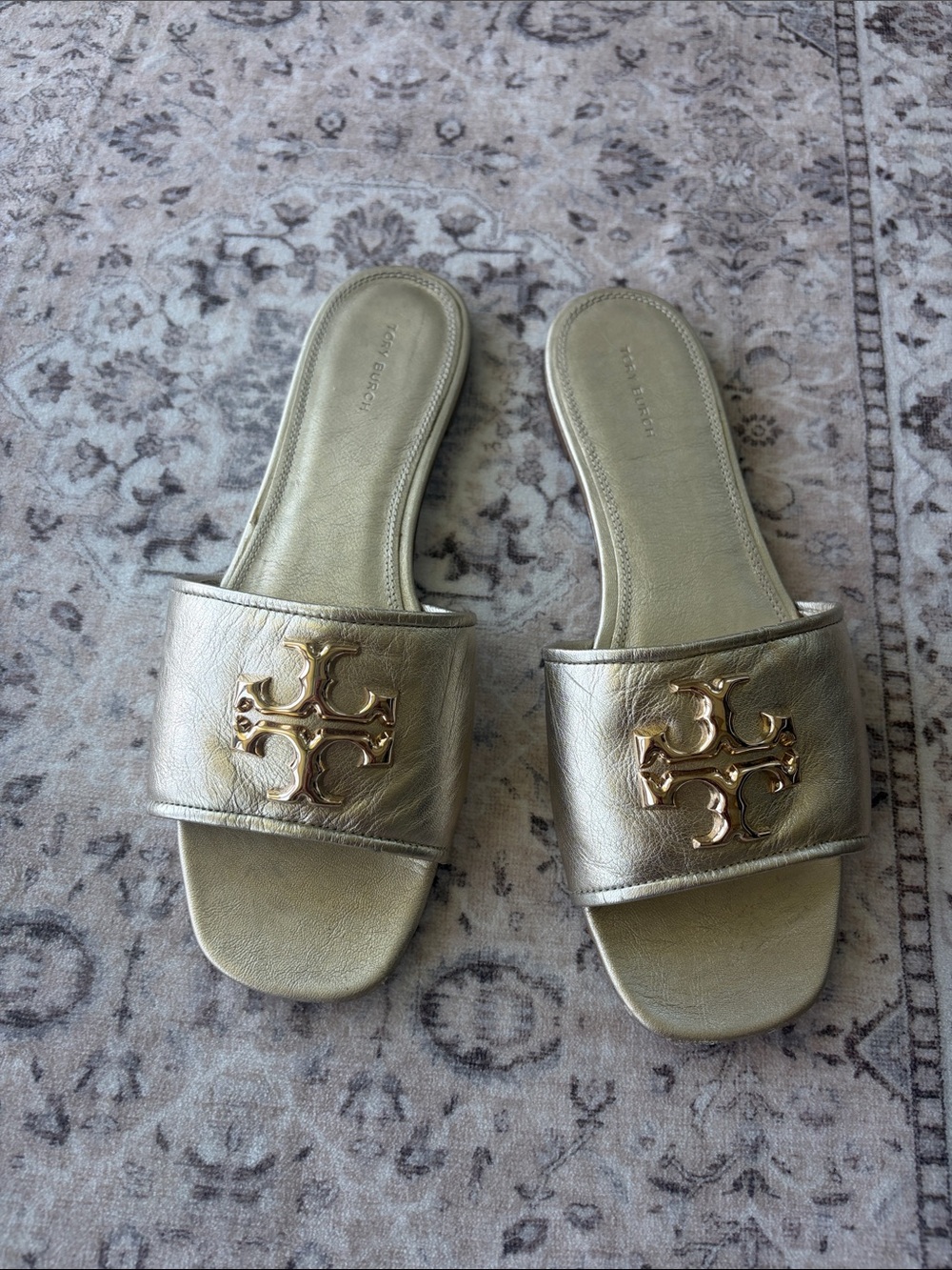Tory Burch Gold Metallic Logo Slide Sandals